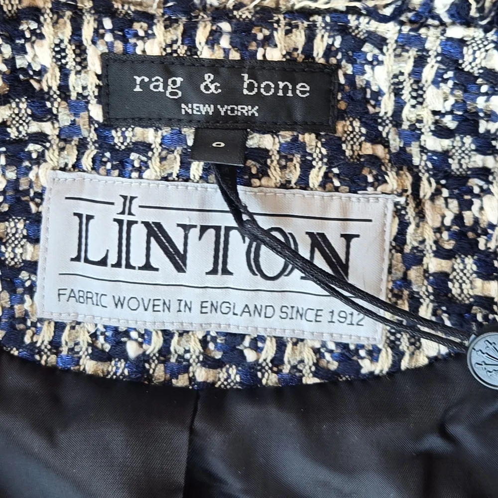 Rag & Bone Ezra Cotton-Blend Linton Tweed Long Blazer Size 0 Cream And Blue - Picture 3 of 9